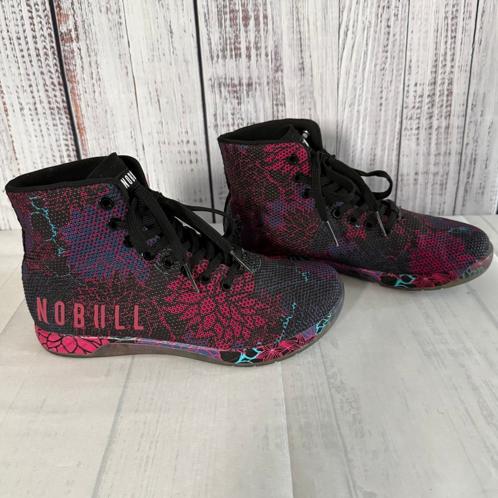 NOBULL High Top Trainers Black Pink Floral SuperFabric Training Shoes Womens 7.5